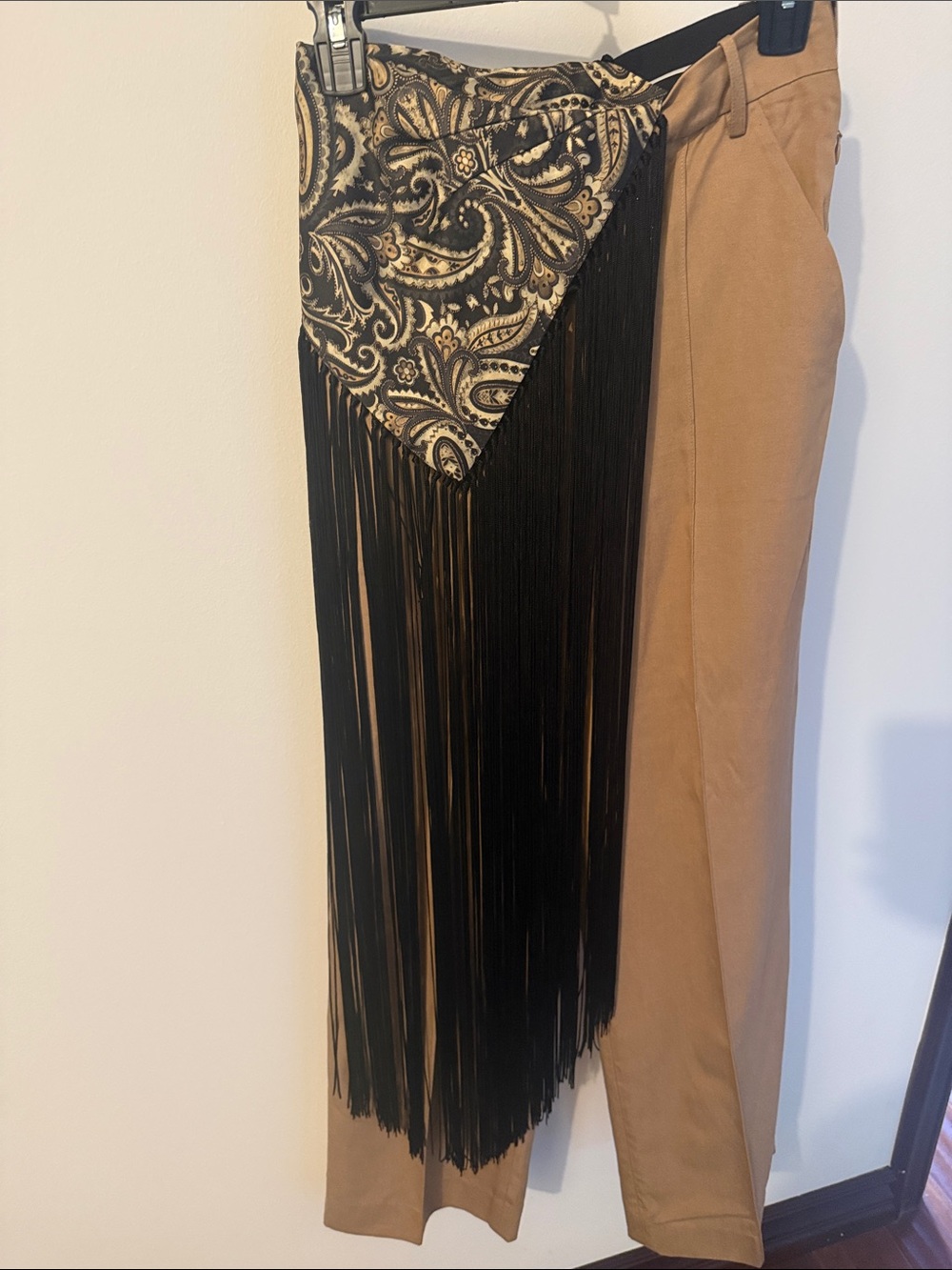 Jonathan Simkhai Tan Straight Leg Pants with Black Fringe & Paisley Panel